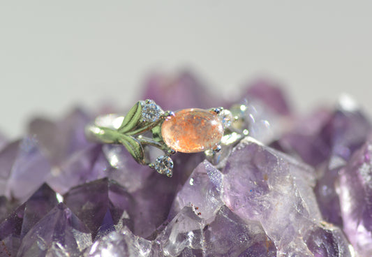 Natural Sunstone and CZ Adjustable Ring