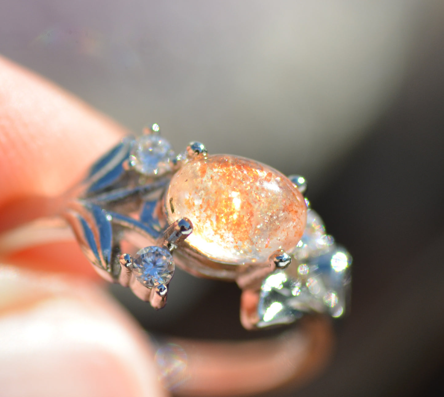 Natural Sunstone and CZ Adjustable Ring