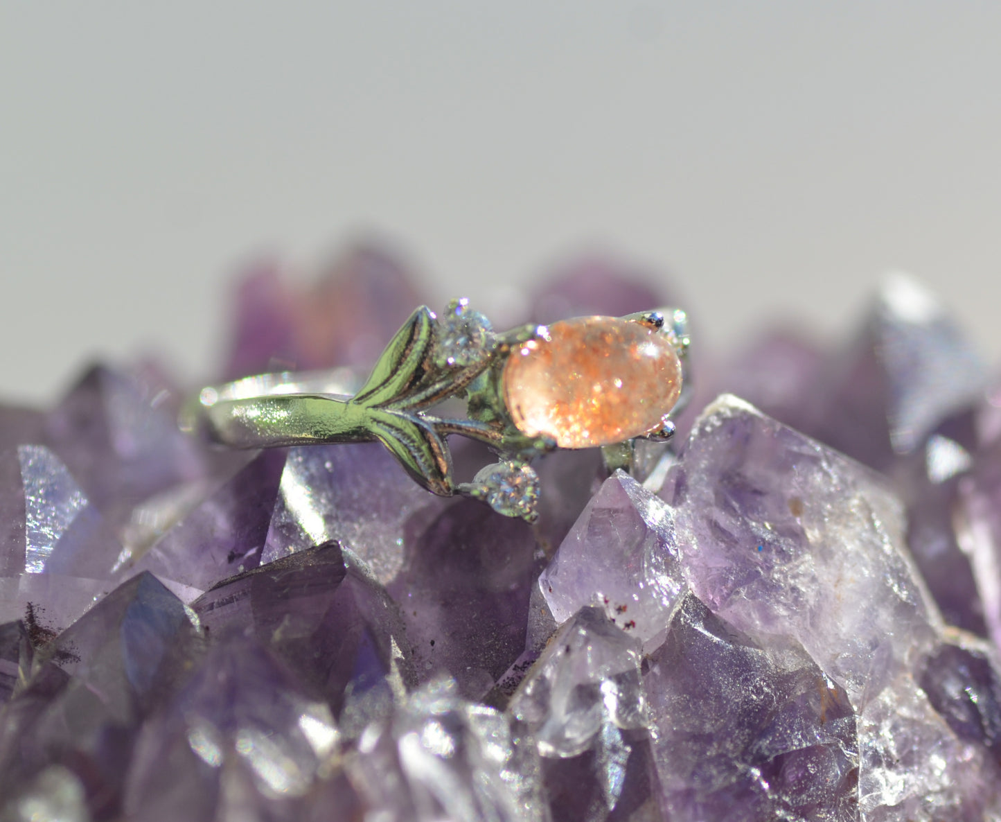 Natural Sunstone and CZ Adjustable Ring