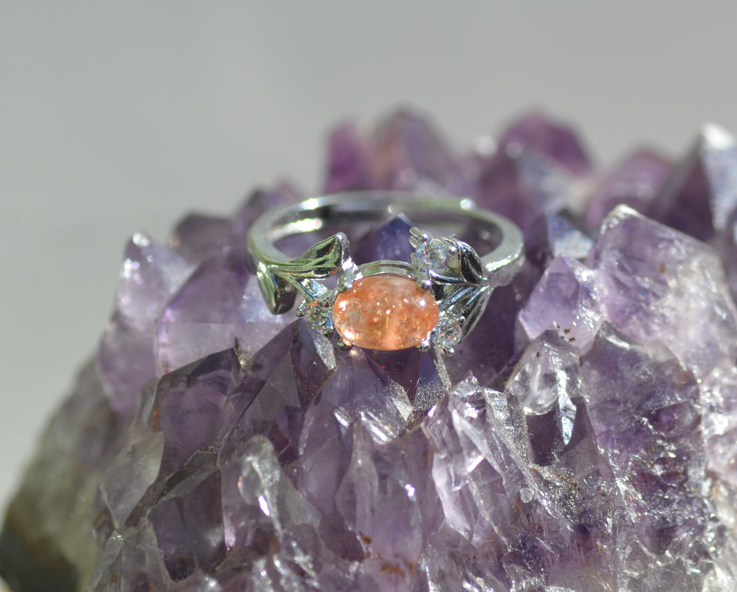 Natural Sunstone and CZ Adjustable Ring