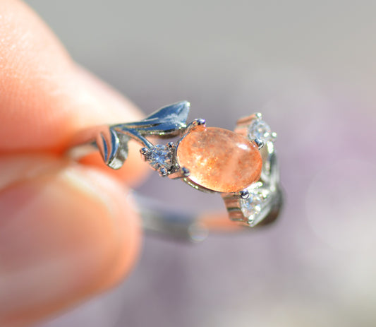 Natural Sunstone and CZ Adjustable Ring