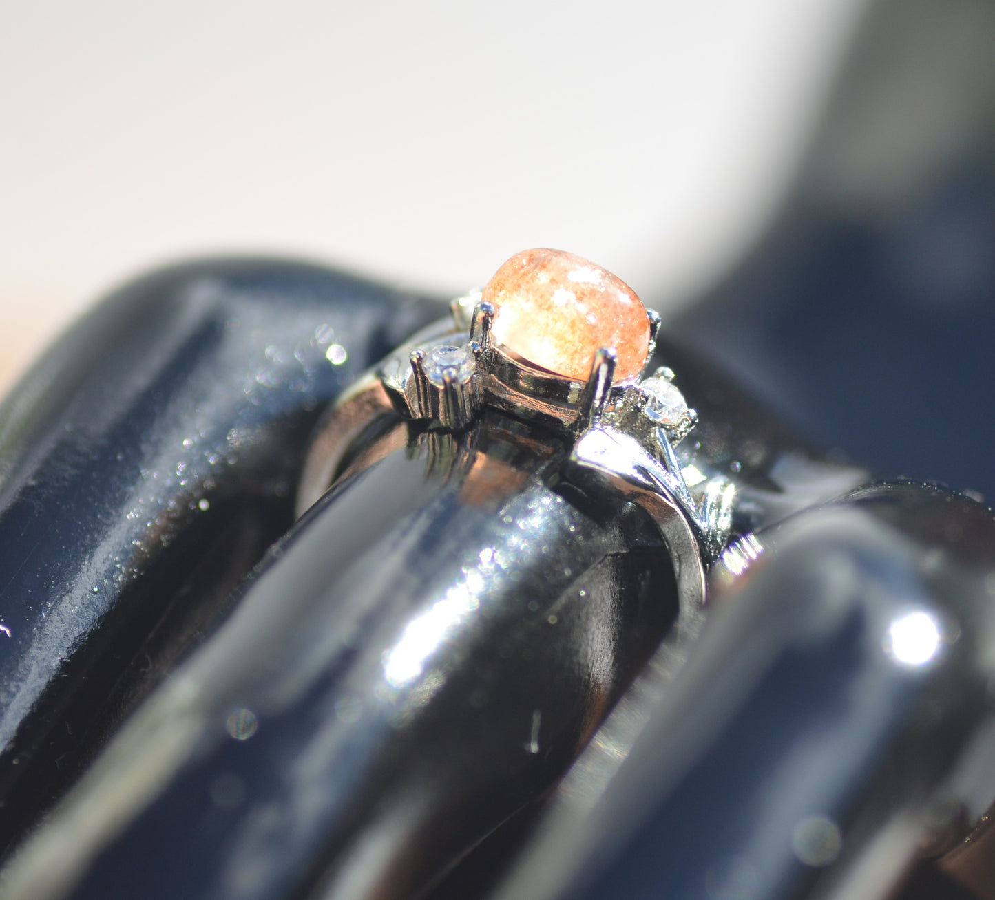 Natural Sunstone and CZ Adjustable Ring