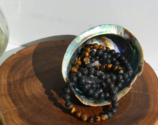 Tigers Eye and Lava Bead Stretch Bracelet